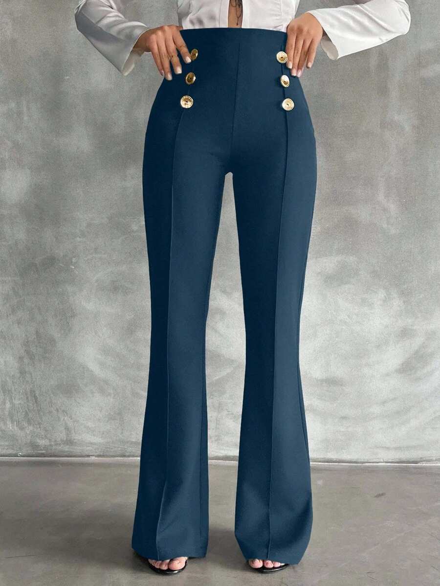 SHEIN Tall Pantalones acampanados de doble botonadura decorativa de talla alta - Verde Oscuro - Ver 1