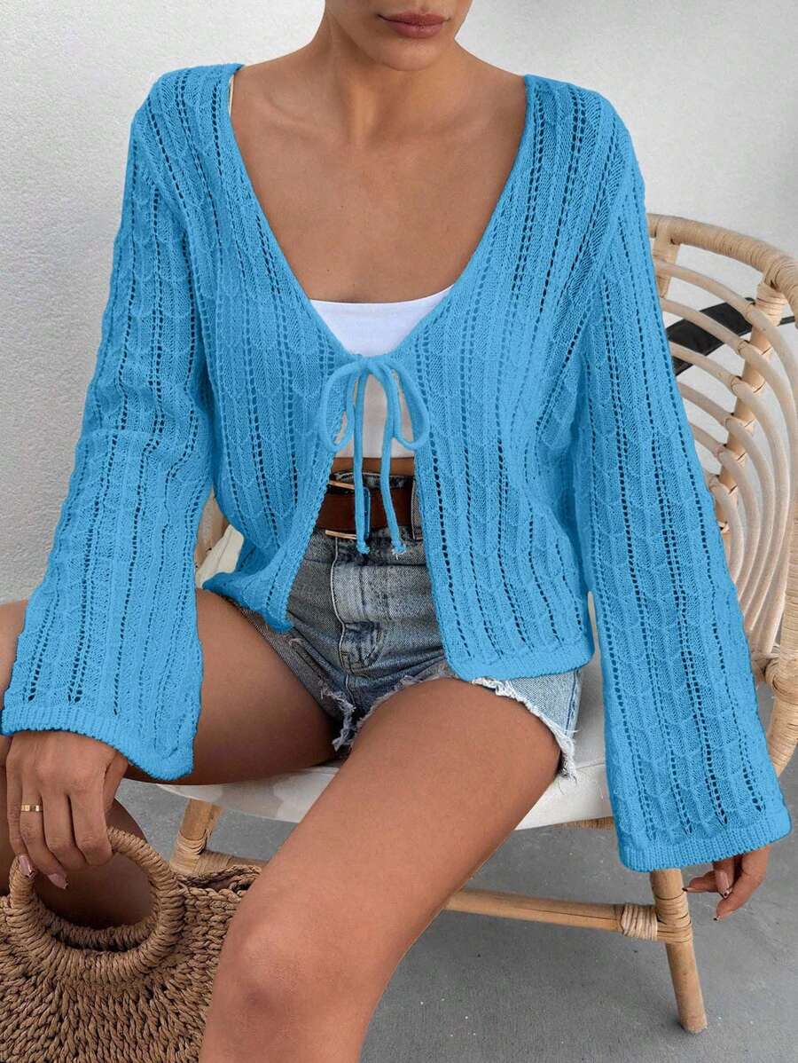 EURMUSE Áo khoác cardigan dệt kim mỏng rỗng tay loe buộc phía trước màu trơn dành cho nữ - Màu xanh lam - Xem 1