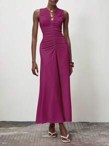 Lumivelle Váy ôm sát không tay xếp ly đính hạt trang trí cho nữ, phù hợp cho mùa xuân/hè, váy hè màu hồng phấn cho trường đại học - Màu Hồng Tươi - Xem 5