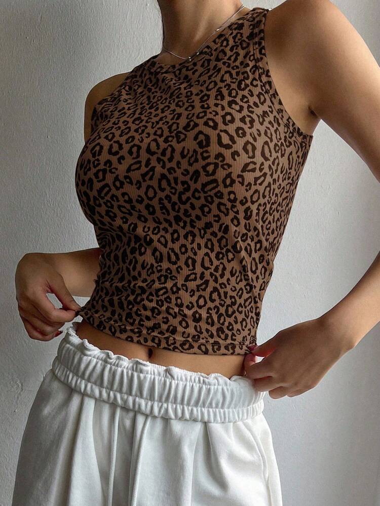 Women's Crew Neck Sleeveless Casual Leopard Print Slim Fitted Crop Top Y2k Tank Tops