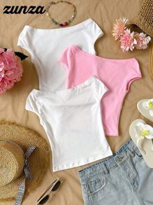 Sparklyn 3pcs Tween Girl Off Shoulder Snug Fit Vacation T-Shirts, Multi-Piece & Multi-Color - Multicolor - View 2