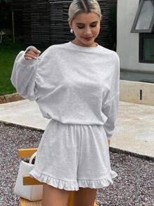 Livesso Damen Sommer Set aus locker sitzendem Sweatshirt und Shorts mit Rüschensaum, 2 Stücke