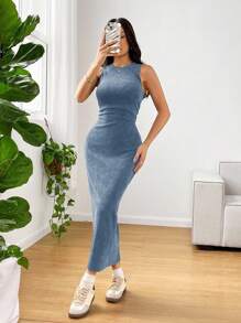 SHEIN EZwear 做旧雪花印花无袖中长连衣裙 - 藍色 - 查看 3