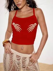 Shutterstock Halloween Skeleton Hand Print Women Tank Top Y2K 2000s Cute Top Back To School Club Sexy - Red - View 5