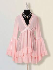 SHEIN ICON 层叠荷叶边 V 领蕾丝边喇叭袖迷你连衣裙 - 粉色 - 查看 6