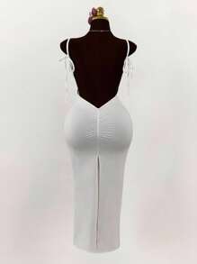 Amplova Plus Size Women Generous Open Shoulder Bowknot Backless Ruched High Slit Bodycon Maxi Dress