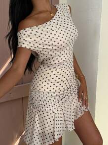 SHEIN EZwear 女士圆点网眼不对称领口中长连衣裙 - 杏色 - 查看 1