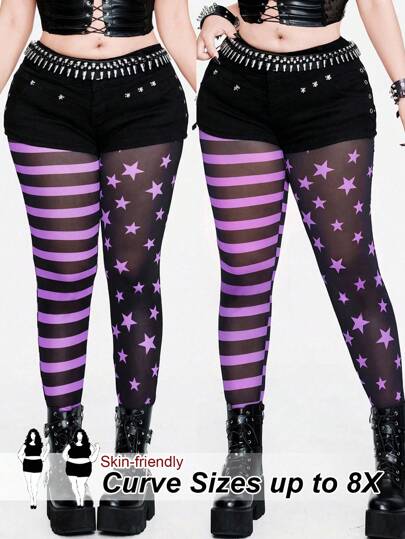 SHEIN CURVE+ Plus Size Fashionable Color Block Patchwork Casual Elastic Leggings Fall Cloth For Women