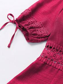 Breezaya 女式夏季纯色蕾丝V领泡泡袖休闲连衣裙