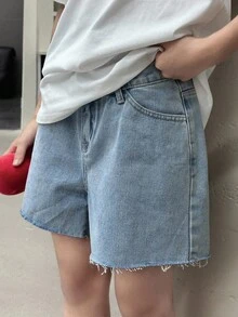 DAZY Teen Girls' Casual Asymmetric Waist Denim Shorts, Summer - Blue - View 3