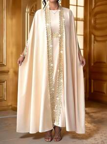 Elenzga 2 件套大码女士大码薄夹克和极简主义连衣裙，带金色花卉装饰，6 月上市 - 杏色 - 查看 4