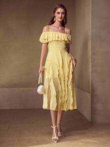 MOTF Soiréza VESTIDO LARGO PARA MUJER DE UN SOLO COLOR CON HOMBRO DESCUBIERTO, VOLANTES SUPERPUESTOS Y ABERTURA EN EL MUSLO - Multicolor - Ver 5