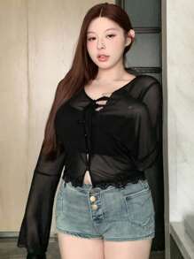 Dazy Plus 女式透视短款系带长袖罩衫 - 黑色 - 查看 6