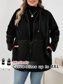 SHEIN CURVE+ Plus Size Women's Black Casual Hooded Long Sleeve Jacket, Autumn Outerwearfall Clothes For Women,Winter,CURVE PLUS/Autumn /Winter - Black - View 8