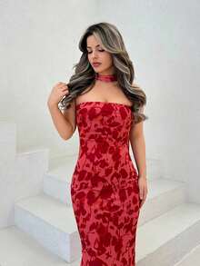 xheJemour Vestido de ajuste entallado con estampado de malla tejida para mujerxhe - Rojo - Ver 6