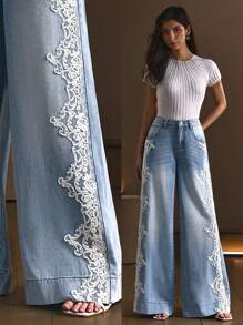 Selenza Women's Elegant Lace Patchwork Denim Jeans - Blue - View 1