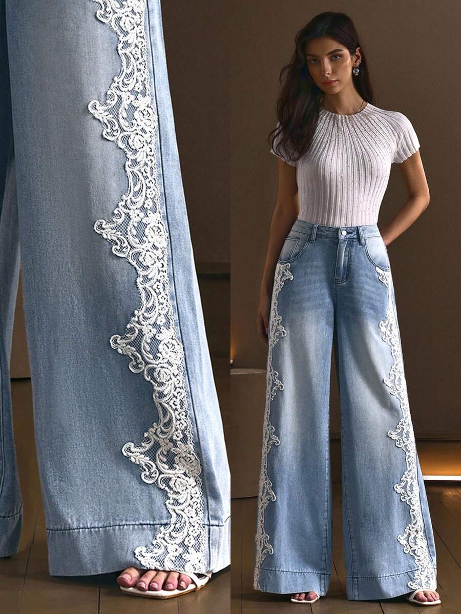 Selenza Women's Elegant Lace Patchwork Denim Jeans - Blue - View 1