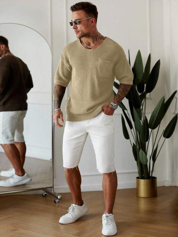 Manfinity Homme Herren Lässig einfarbiges Kurzarm Strick-Top, Sommer