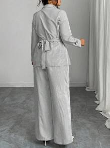 Modelyn Plus Size Woven Striped Long Sleeve Tie-Front 2 Pieces Set - Grey - View 2