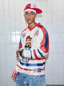 ROMWE MEN Paul Frank X ROMWE 男士卡通条纹撞色V领T恤，秋季长袖上衣 - 白色 - 查看 5