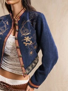 Easelle 灯芯绒大衣 初秋外套 夹克 刺绣 刺绣风格 波西米亚风 西部游牧风 - 藏蓝色 - 查看 4