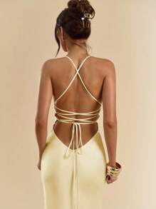 SHEIN BAE 杏色和白色深V领细肩带超长露背系带缎面美人鱼连衣裙，优雅连衣裙，度假连衣裙，伴娘连衣裙，生日派对连衣裙，毕业礼服，白色连衣裙 - 黃色 - 查看 3