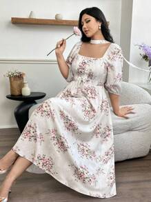 Modelyn Plus Size Women Elegant Tie-Up Waist Printed Long Dress - Beige - View 3