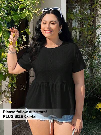 Solflare Black Embroidery Hollow Out Plus Size T-Shirt, Fashionable For Summer