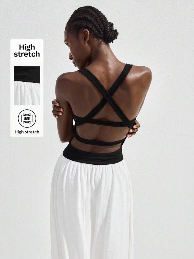 SHEIN Maija Women's Black And White Splice Sleeveless Dress, Elegant A-Line Backless Cross Design, Casual And Formal Wear For Summer, Parties, Graduation, Office, Daily