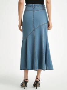 Daynim 女士休闲通勤鱼尾牛仔裙 - 中等水洗藍 - 查看 2