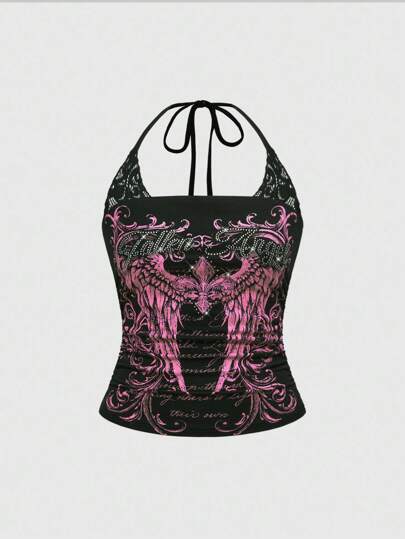 J-Fashion Women's Y2K Punk Skeleton Print 2 In 1 Contrast Lace Sleeveless Bodycon Tank Top, Suitable For Music Festival