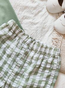 SHEIN Vintaside Kids 2 件女婴春秋兔子印花长袖 T 恤和格子休闲裤套装，时尚舒适 - 綠色 - 查看 8