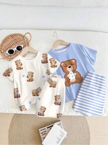 SHEIN 2 件套男婴宽松休闲泰迪熊印花睡衣套装，夏季舒适居家穿着 - 彩色 - 查看 2