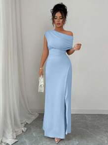 Elenzga 女士优雅时尚通勤休闲舒适迷人度假温柔淑女简约高端假日无袖斜肩收腰紧身侧开衩纯色长裙 - 藍色 - 查看 3