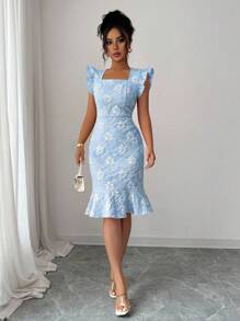 Elenzga Women's Elegant Jacquard Crew Neck Ruffle Armhole Flounce Hem Fitted Knee-Length Dress, Suitable For Commuting In Summer - Blue - View 3