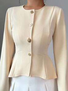 Elenzga Áo khoác vải họa tiết màu mơ vàng dài tay bất đối xứng, thắt eo thanh lịch dành cho nữ khi đi làm - Màu vàng - Xem 7