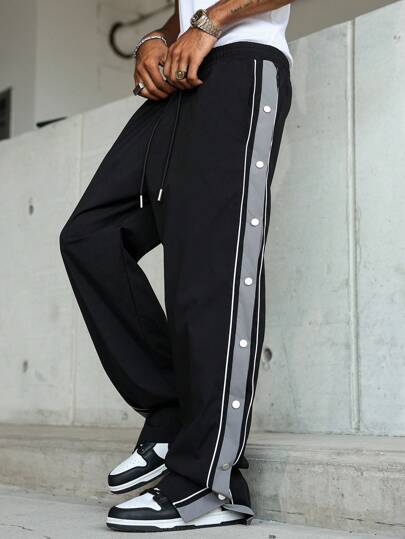 Manfinity EMRG Men's Casual Sport Pants, With Contrast Color Trim & Button Design On Side, Drawstring Waist Pockets Straight Leg Color Block Button Casual Sweatpants, Suitable Gift For Husband Or Boyfriend, Fall