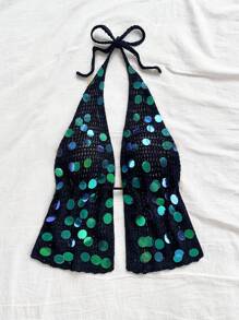 Soleia Sexy V-Ausschnitt Träger-Camisole mit rückenfreiem Bindebund und Fake-Schuppen-Dekor für Frauen, geeignet für Urlaub, Date, Nachmittagstee, Reise, Musikfestival, Boho-Stil, Küste, Strand, Sommer - Schwarz - Übersicht 7