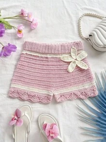 Soleia Pantalones cortos casuales de mujer beige con flores 3D tejidas, adecuados para vacaciones y días festivos de verano