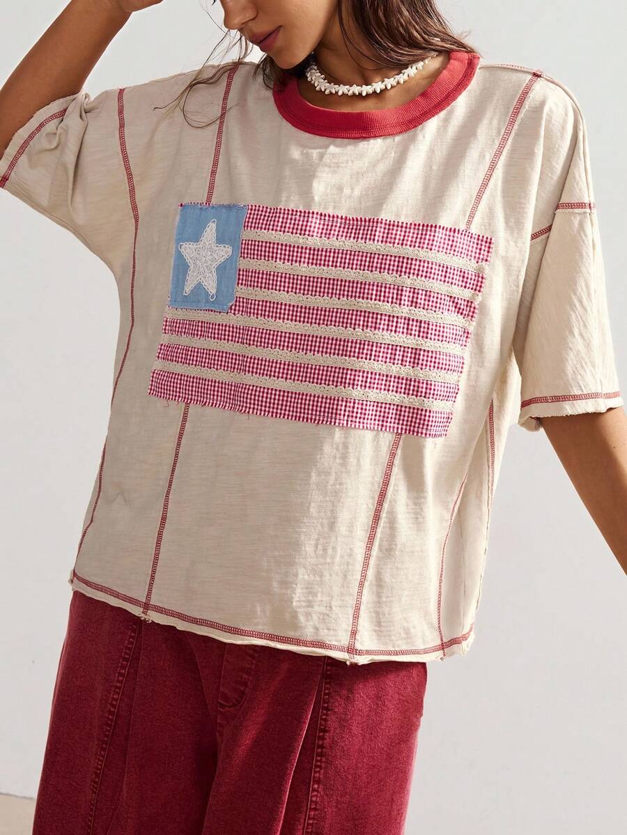 Bohemela 女式休闲落肩宽松拼色T恤，夏季