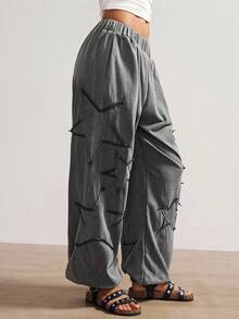 Bohemela 波西米亚风女士休闲纯色星形印花针织宽松低腰水洗灰长裤，复古西部乡村风格，适合音乐会、度假、返校季，秋冬季穿着 - 灰色 - 查看 6