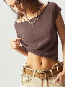 Bohemela 女式纯色针织船领修身水洗T恤 - 咖啡棕 - 查看 7