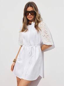 ATUI Studio Sukienka damska w jednolitym kolorze, minimalistyczna, na co dzień, z krótkim rękawem - Biały - Zobacz 4