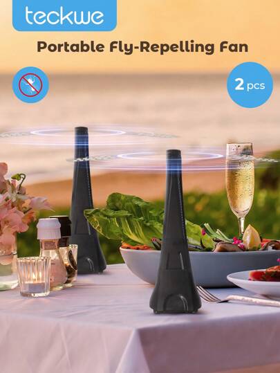 Teckwe 2pcs Fly Fans For Tables, Electric Fly Swatter Fan For Outside Or Inside Meal, Keep Flies Away, Picnic Fan For Table Use, Fly Repellent Fans For Barbeque, Party, Restaurants, Home, Events, Battery Operated Food Spinning Fan, Portable Anti-Fly Fan