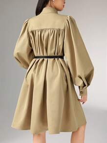 Heiryn 蝴蝶结腰身喇叭灯笼袖高端女式外套，适合秋季穿着 - 卡其色 - 查看 6