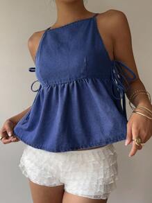 Siren Gaze 女式系腰荷叶边下摆吊带牛仔上衣 - 中等水洗藍 - 查看 8