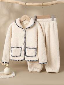 Genkimix Kids Back To School Fashion  Young Girl' Light Apricot Plush Checkered Trim Pocket Long Sleeve Cardigan And Matching Pants Set, Loungewear Girls Winter Set Fall
