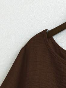 Linhara 大码女式圆领休闲/日常/户外/简约/度假纹理草绿色套头衫，春夏 - 咖啡棕 - 查看 3