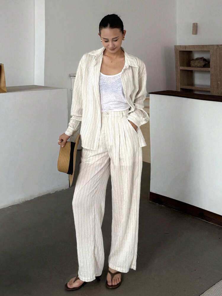 Women's Casual Striped Print Loose Fit Drop Shoulder Long Sleeve Shirt And Wide Leg Pants 2 Pieces Set, Spring/Autumn Lounge Sets For Women