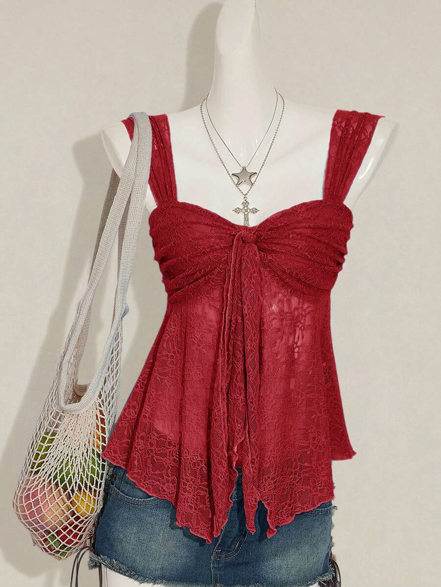 Sweetina 2025 Nuevo verano dulce vacaciones fiesta de regreso a la escuela temporada mujer unicolor transparente dobladillo camiseta - Burdeos - Ver 1